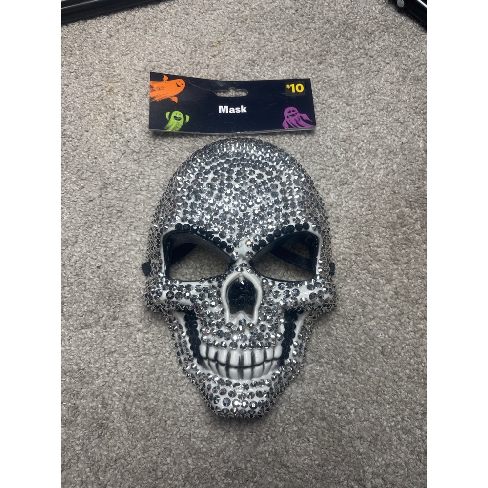 Halloween Skull Mask Rhinestone Embellished Goth Costume Silver One Size Unisex